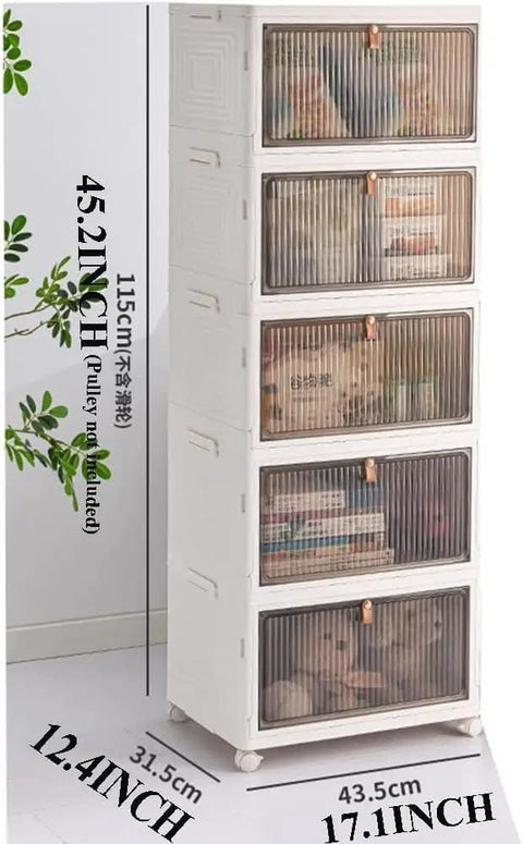 Clear Foldable Door Storage Organizer With Snap On Lids Stackable Polypropylene Hanging Bins tall unit with five transparent bins.
