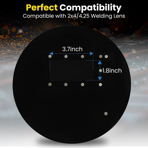 Back view diagram of Pancake Welding Hood Helmet With 2x4 Lens Compatibility showing lens dimensions, 3.7x1.8 inches.