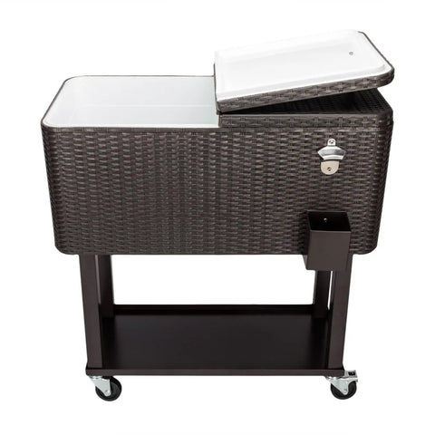 80 Quart Rolling Cooler Cart for Patio and Pool Parties, Portable Beverage Trolley with Ice Chest, Brown Wicker Finish