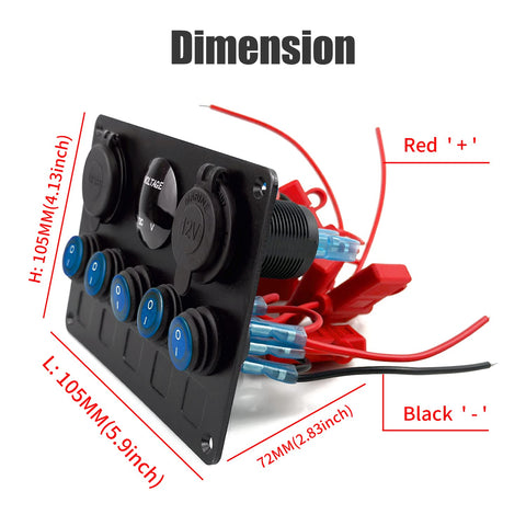 Blue 5 Gang Marine Rocker Switch Panel With Waterproof Build 15A Inline Fuse detailed dimensions and wiring view