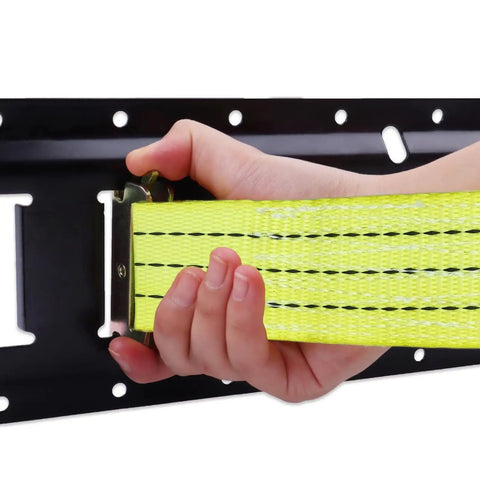 Heavy Duty Ratchet Straps 8 Pack 2 Inches By 15 Feet Featuring Bulletproof 4500 Pound Breaking Strength secured to a black E track.