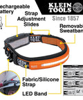Rechargeable Wide Beam Headlamp With Strap And 575 Lumens Five Lighting Modes All Day Runtime Direct Focus And Hard Hat Compatibility For Work And Outdoor Adventures shown with features labeled.
