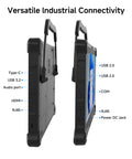 Badass Windows Rugged Tablet 14 Inch FHD showing versatile industrial connectivity ports and features for field work.