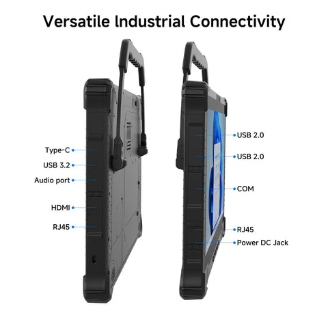 Badass Windows Rugged Tablet 14 Inch FHD showing versatile industrial connectivity ports and features for field work.