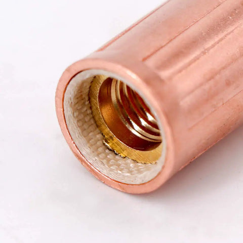 Close-up of brass consumable from MIG Welding Kit 0.035 Inch For Tweco Lincoln 100L Torch With M3 Tip Gas Diffuser Nozzle.