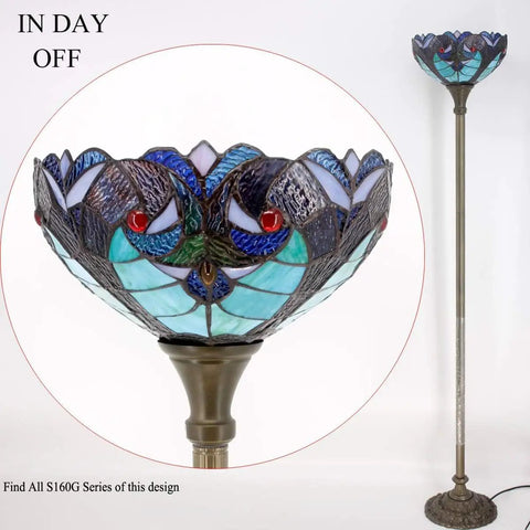 Tiffany Style Floor Lamp Green Liaison Stained Glass Light With 12 Inch Shade And 71 Inch Tall Torchiere Pole, Corner Uplight Design