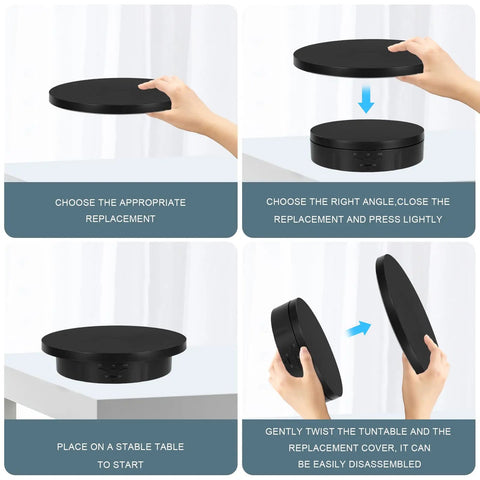 Electric Rotating Display Stand With Rechargeable Battery, Motorized Turntable for Live Streaming Video Shoot Photography, 3 In 1 shown disassembling covers.