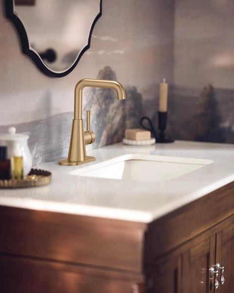 Ronan Bronzed Gold Double Bend Single Hole Modern Bathroom Sink Faucet Boasting Dope Finish Smooth Flow And No Sweat Installation With WaterSense Certified High Performance Operation For Any Home Makeover