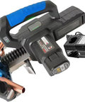 Electric Hydraulic Tube Bender Kit With Rechargeable Lithium Battery, featuring a blue handle and attached charger, designed for copper and aluminum pipes.