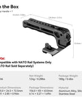 Lightweight NATO Top Handle for DSLR Camera Cages with Quick Release, aluminum alloy, shown with dimensions and weight details.