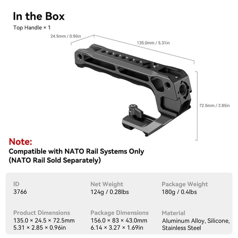 Lightweight NATO Top Handle for DSLR Camera Cages with Quick Release, aluminum alloy, shown with dimensions and weight details.