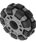 100mm double omni-directional plastic wheel with gray hub and black rollers, close-up view