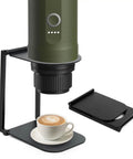 Compact Portable Coffee Maker Stand With Foldable Base For Nano Espresso Machines Ideal Desk Or Travel Holder, black, in use.