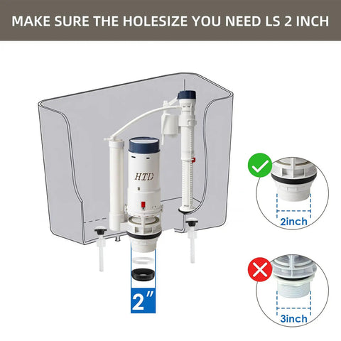 Universal Toilet Tank Repair Kit With Dual Flush Valve And Inlet Valve diagram showing 2-inch outlet fit, highlighting compatibility.