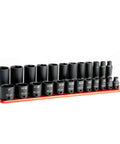 3/8 Inch Drive Master Impact Socket Set with Shallow Semi Deep and Deep Sockets SAE 5/16 to 1 Inch on red billet aluminum rail