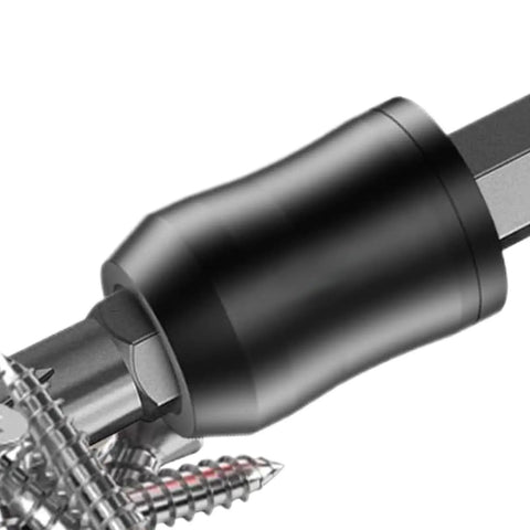 Close-up of Magnetic Screwdriver Bit Holder With Aluminum Alloy Body Demagnetizer Accessory for Quick Tool Retention, with screws attached.