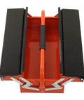 Portable Cantilever Toolbox With Retractable 3 Tray Metal Rolling Organizer For Heavy Duty Workshop Garage Storage and Keep Your Wrenches Drills Neatly Sorted No Sweat About Clutter, top view showing smooth handle and black trays.