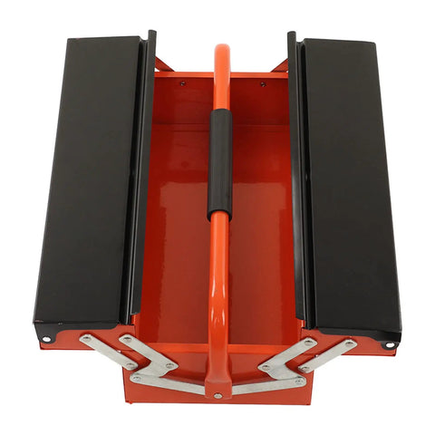 Portable Cantilever Toolbox With Retractable 3 Tray Metal Rolling Organizer For Heavy Duty Workshop Garage Storage and Keep Your Wrenches Drills Neatly Sorted No Sweat About Clutter, top view showing smooth handle and black trays.
