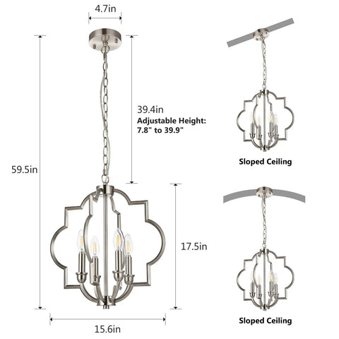 Brushed Nickel 4-Light Farmhouse Chandelier With Geometric Orb Pendant Adjustable Height Ceiling Light dimensions and sloped ceiling options