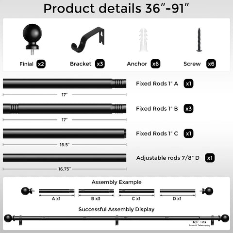 36-91 Inch Black Adjustable Curtain Rod 1 Inch Heavy Duty Telescoping Drapery Pole For Windows Modern Decorative Window Treatment No Tools Required Quick And Easy Installation with finials, brackets, anchors, and screws for assembly shown.