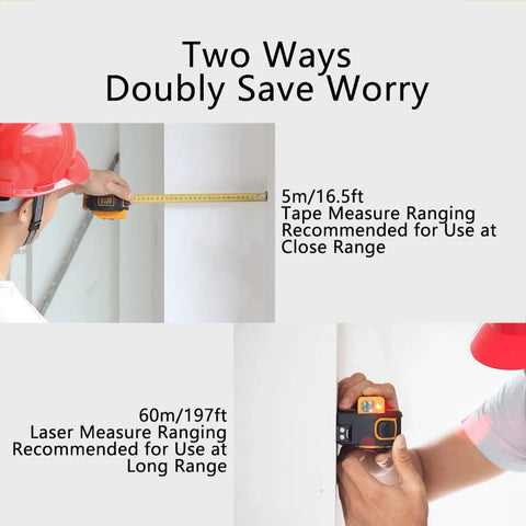 Pro Grade Digital Laser Tape Measure Workhorse 60 Meter 197 Ft Range in use measuring with laser and tape measure options.