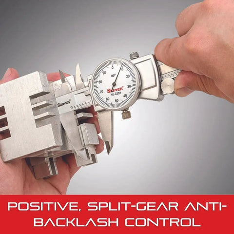 Using Dial Caliper With Adjustable Bezel And Fitted Case to measure metal part, showcasing 0.001 inch graduation and anti backlash control.