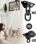 Woman with children using Heavy Duty 360 Degree Rotating Hammock Hooks Kit With 1200 Lb Capacity, showing hook comparison