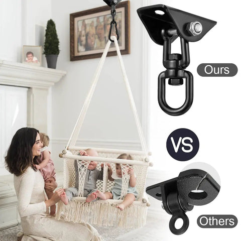 Woman with children using Heavy Duty 360 Degree Rotating Hammock Hooks Kit With 1200 Lb Capacity, showing hook comparison