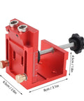 Red and gold Pocket Hole Jig Kit For Woodworking With Precision Joint Angle Locator showing dimensions in centimeters and inches.