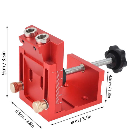 Red and gold Pocket Hole Jig Kit For Woodworking With Precision Joint Angle Locator showing dimensions in centimeters and inches.