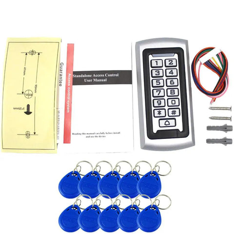 Waterproof Standalone Access Control Keypad With Metal RFID Card Reader for door and gate entry, 125KHz keyfobs, manual, wires