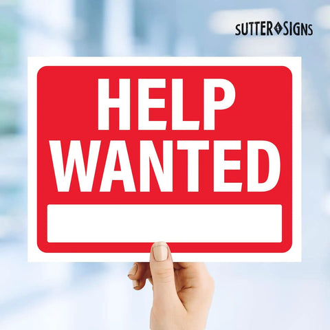 Person holding Help Wanted sign with bright red background in indoor setting, focuses on Now Hiring Signs 12x9 Waterproof Plastic For Businesses Bright Red And Bold Outdoor Indoor Use Pack Of Four Weatherproof Signs Designed To Attract Fast Applicants And Boost Hiring