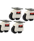Heavy Duty Leveling Caster Wheels Set Of 4 For Workbenches And Industrial Equipment, Gd80f 500kg Load Per Wheel, Universal Adjustable Transport Wheels With Plate Mount. Four white casters with black wheels and red leveling locks.