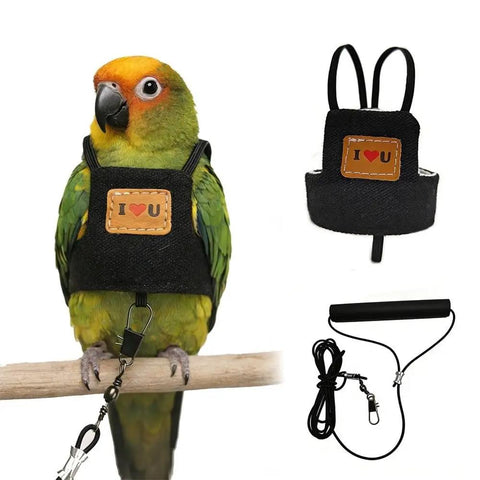 Adjustable Bird Flight Suit Harness Escape Proof Design With Anti Bite Straps in black denim on parrot, shown in S size.