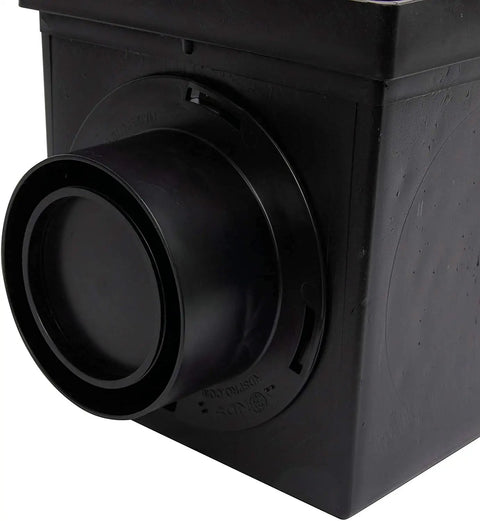 Square Catch Basin Drainage Kit For Lawns And Landscaping, 9 Inch, Black, with visible adapter and outlet plug, close-up view