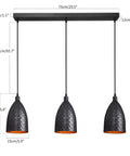 Black Metal 3 Light Pendant Light With Adjustable Height Up To 76.6 Inches, Industrial Farmhouse Style with three hanging bulbs