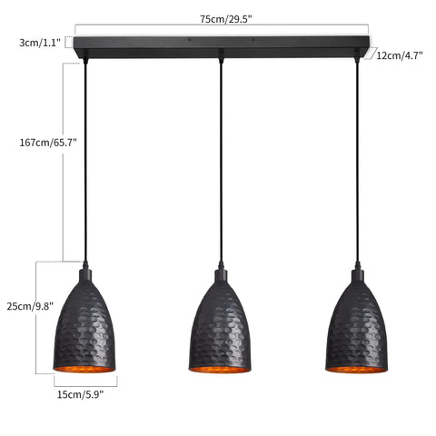 Black Metal 3 Light Pendant Light With Adjustable Height Up To 76.6 Inches, Industrial Farmhouse Style with three hanging bulbs