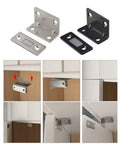 Ultra Slim Stainless Steel Magnetic Door Catch With Ultra Strong Hold for cabinets shown mounted on wood cabinets and doors.