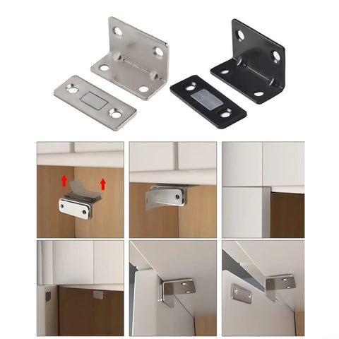 Ultra Slim Stainless Steel Magnetic Door Catch With Ultra Strong Hold for cabinets shown mounted on wood cabinets and doors.