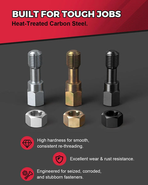 Thread restorer kit components: three bolts with threaded ends and matching hex nuts in silver, brass, and black.