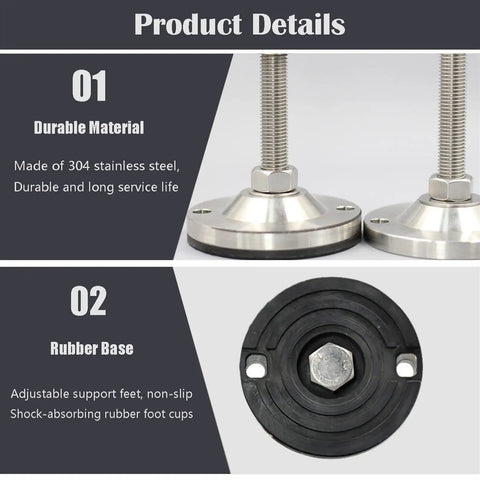 Heavy Duty Adjustable Furniture Leveling Feet Pair Thick Carbon Steel Threaded Base Stabilizer with rubber shock-absorbing base.