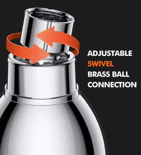 Close-up of adjustable swivel brass ball connection on high pressure 3 inch shower head with beast mode water flow, silver finish.