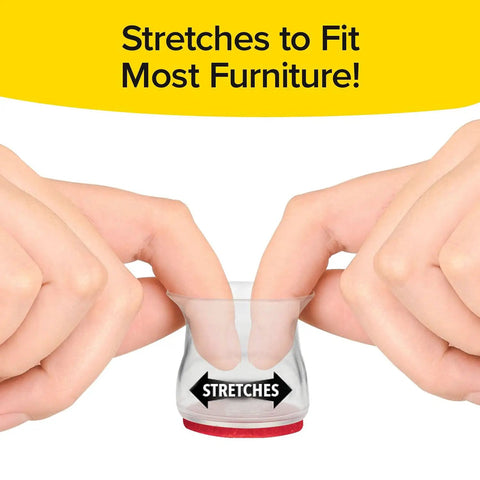 Hands stretching a Small Chair Leg Sliders Set Clear Stretchable Covers For Hardwood And Tile Floors Protect Floors From Scratches Fits Small Furniture Legs