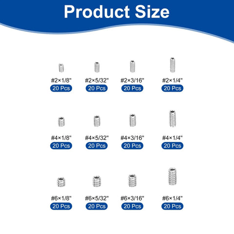 Allen Head Socket Hex Grub Screw Set Kit showing 240 Piece Assortment with 12 Sizes in Stainless Steel 304