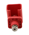 Top view of Tough As Nails 200 Amp Lithium Terminal Connector With Threaded Wiring, red plastic body, nickel-plated terminal.