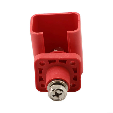 Top view of Tough As Nails 200 Amp Lithium Terminal Connector With Threaded Wiring, red plastic body, nickel-plated terminal.