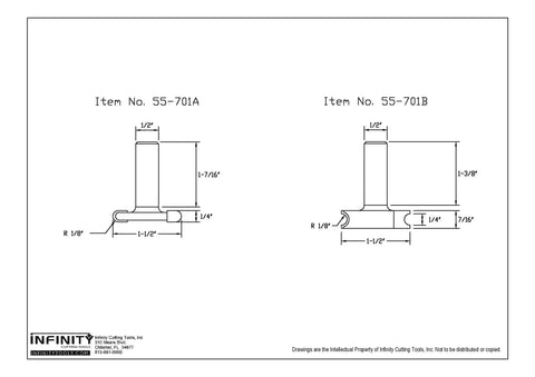 Technical drawing of flute and bead router bit set with carbide tips, showing dimensions for item numbers 55-701A and 55-701B.