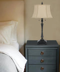 Pair Of Madison Table Lamps With Burlap Shade And Pull Chain Switch, Oil Rubbed Bronze Finish, 31 Inch Tall Each on bedside table