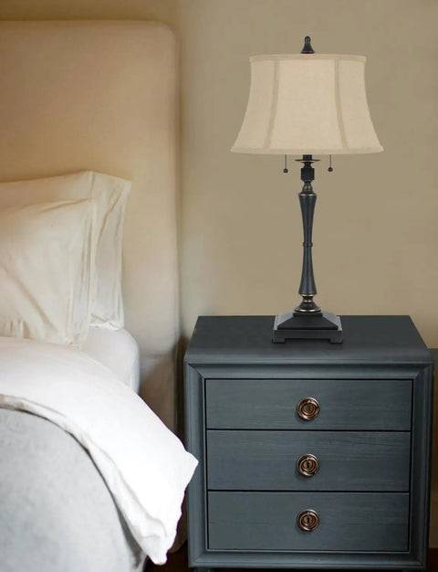 Pair Of Madison Table Lamps With Burlap Shade And Pull Chain Switch, Oil Rubbed Bronze Finish, 31 Inch Tall Each on bedside table