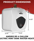Andris RS 4 Gallon Electric Mini Tank Water Heater with dimensions and 2.5 Gallon 120 Volt Mini Tank Water Heater For Under Sink And RV Use Compact Space Heating Solution With Quick Install Versatile Hot Water Booster For Small Homes And Mobile Living On Demand